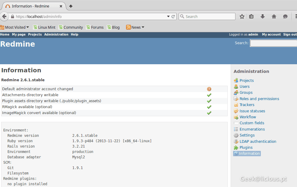 Install Redmine 2.6 on Linux and integrate with Git images/10-install-redmine-2-6-1-linux-mint-integrate-with-git-ci-server/195-redmine-admin-info-with-imagemagick.png