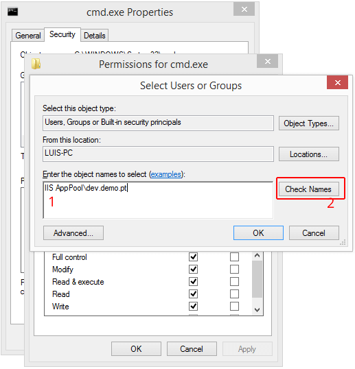 Set cmd.exe permissions to applications or sites served by IIS